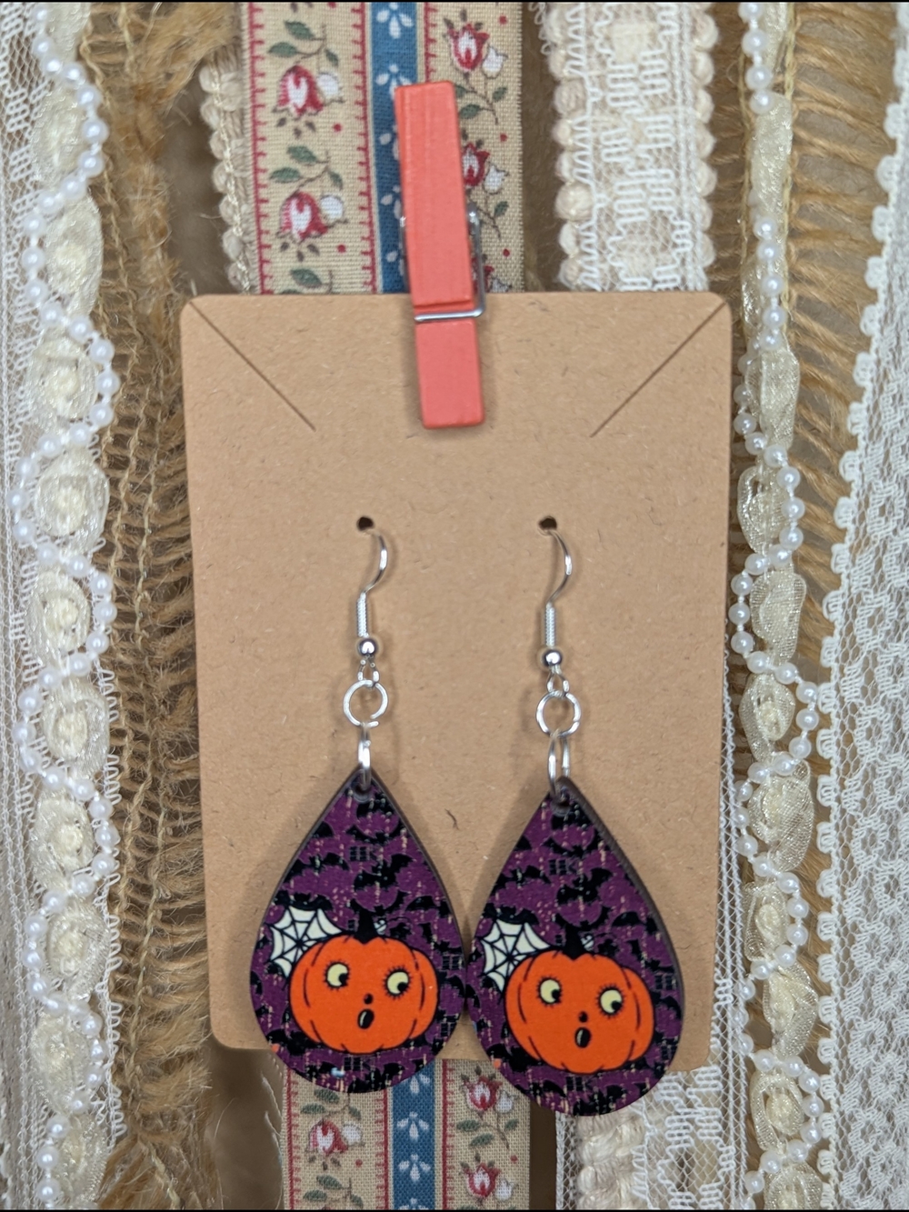Halloween Pumpkin Teardrop Earrings - Purple & Orange